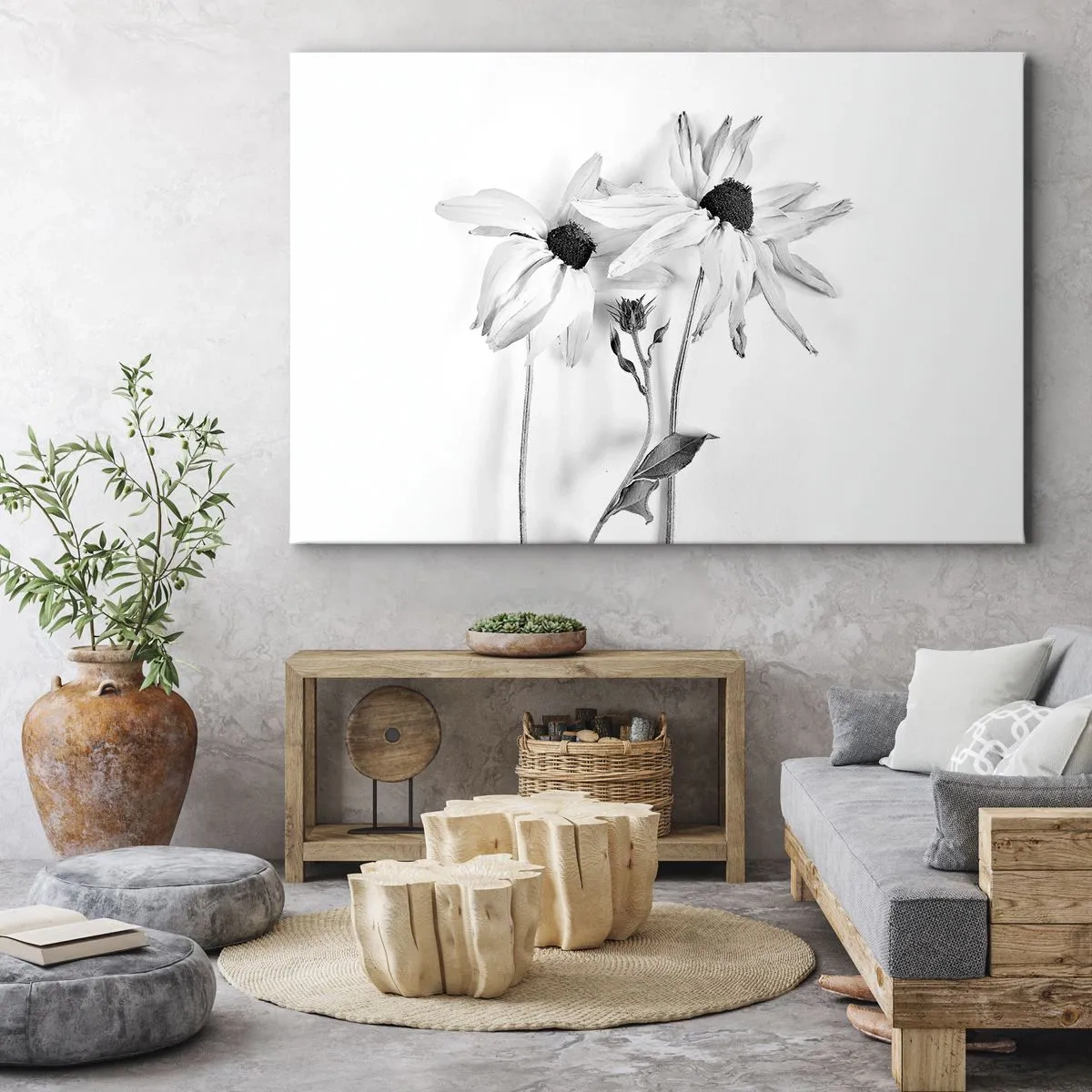 Impression sur toile - Image sur toile - Fleurs noires et blanches avec une composition subtile - 120x80cm - Personne ne souhaite être seul - Décoration murale moderne pour le salon et la chambre ARTTOR