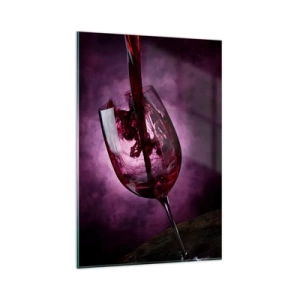 Impression sur verre - Image sur verre - Du vin rouge versé dans un verre sur fond de fumée violette - 80x120cm - Écarlate? Carmin? Non, rubis. - Décoration murale moderne pour le salon et la chambre ARTTOR