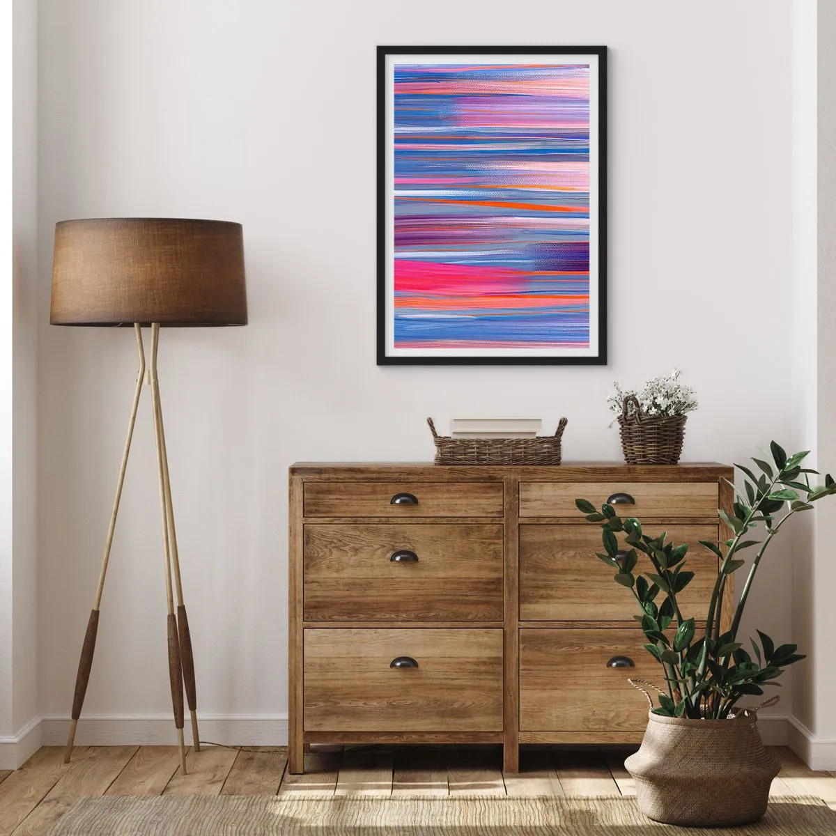 Affiche dans un cadre noir - Poster - Lignes horizontales abstraites dans des tons de bleu et de rose - 50x70cm - Ascension - Décoration murale moderne pour le salon et la chambre ARTTOR