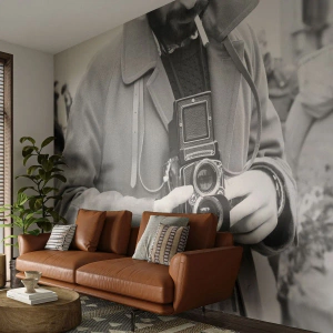 Papier Peint Photo Premium Canvas - Photo en noir et blanc d'un homme avec un appareil photo rétro - 100x70cm - Dans un style rétro - Décoration murale moderne pour le salon et la chambre ARTTOR