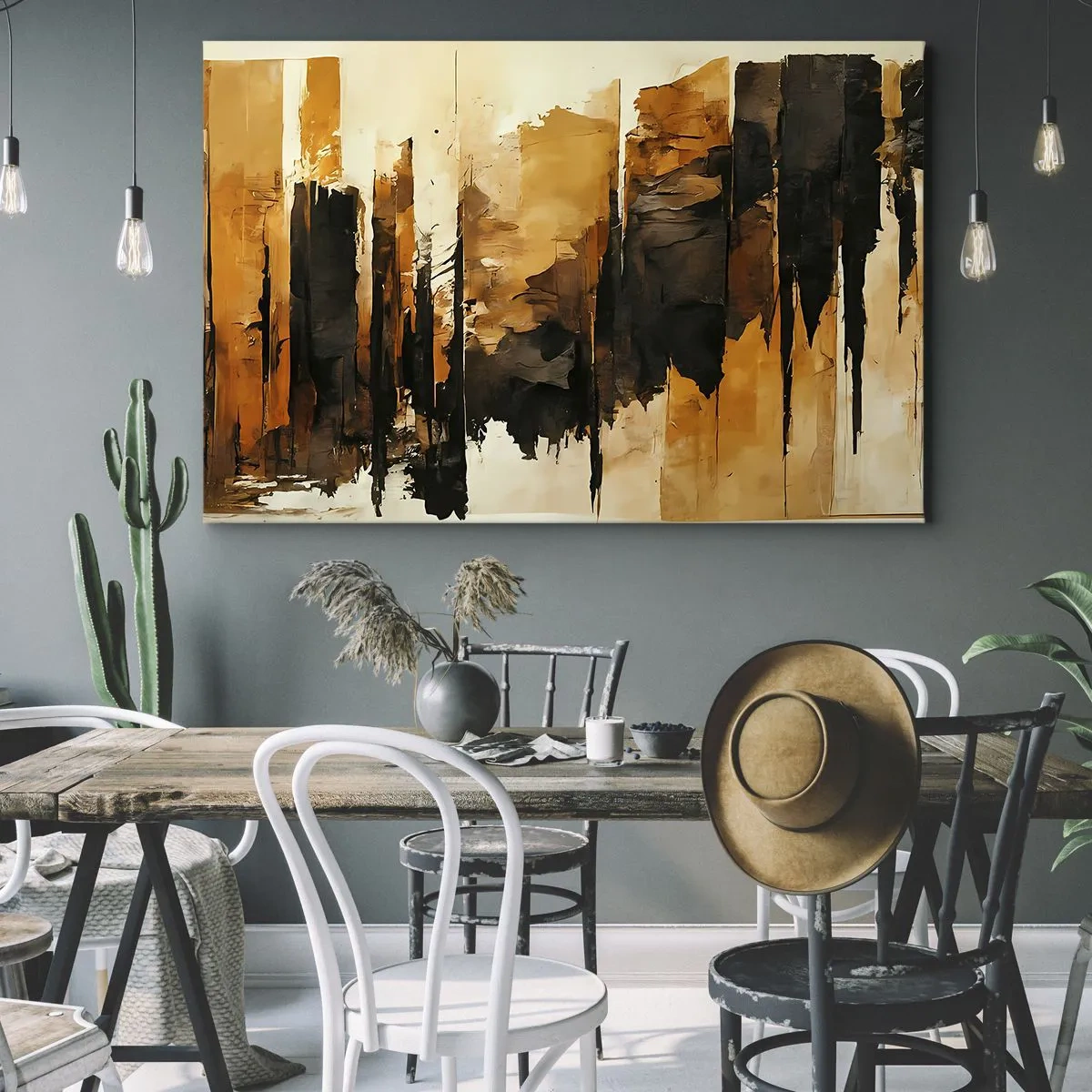 Impression sur toile - Image sur toile - Rayures abstraites dorées et noires dans une composition artistique - 100x70cm - Harmonie de noir et d'or - Décoration murale moderne pour le salon et la chambre ARTTOR