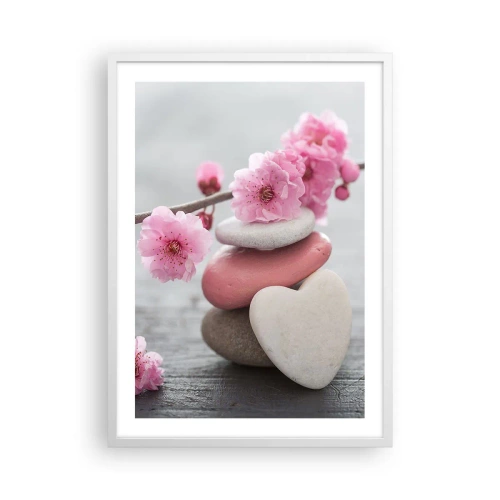 Affiche dans un cadre blanc - Poster - Le bonheur avec une fleur de cerisier - 50x70 cm