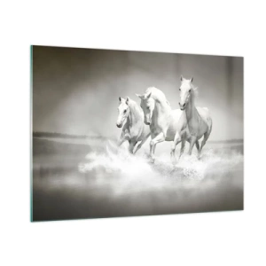 Impression sur verre - Image sur verre - Trois chevaux blancs galopant dans l'eau - 100x70cm - La folie blanche - Décoration murale moderne pour le salon et la chambre ARTTOR