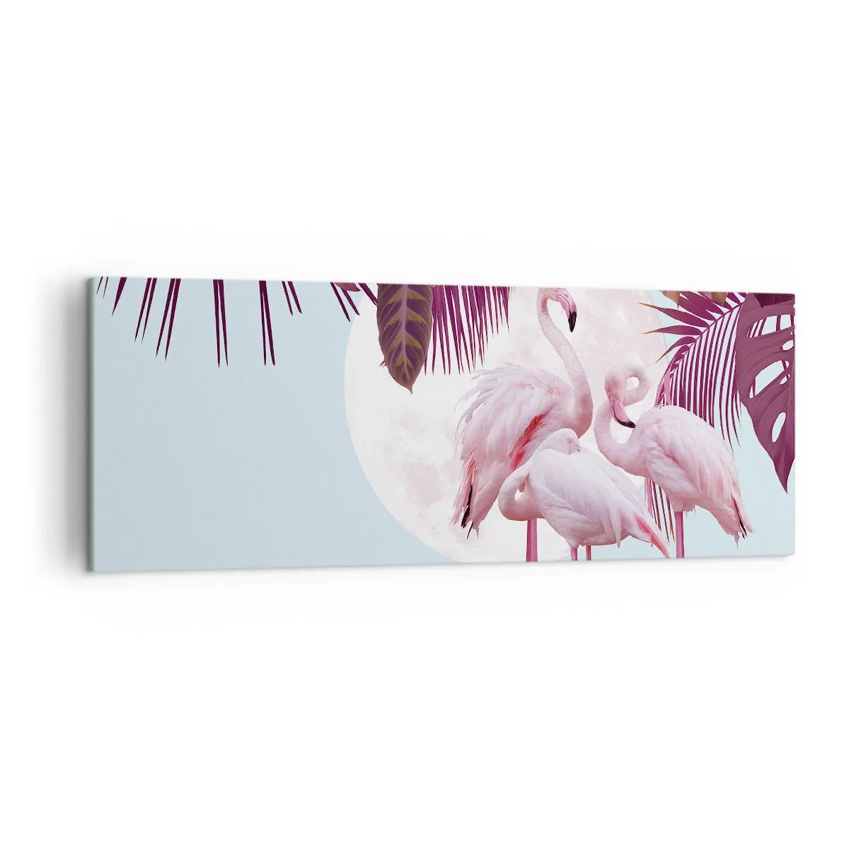 Impression sur toile - Image sur toile - Flamants roses sur fond de lune et de feuilles tropicales - 140x50cm - Trois oiseaux gracieux - Décoration murale moderne pour le salon et la chambre ARTTOR