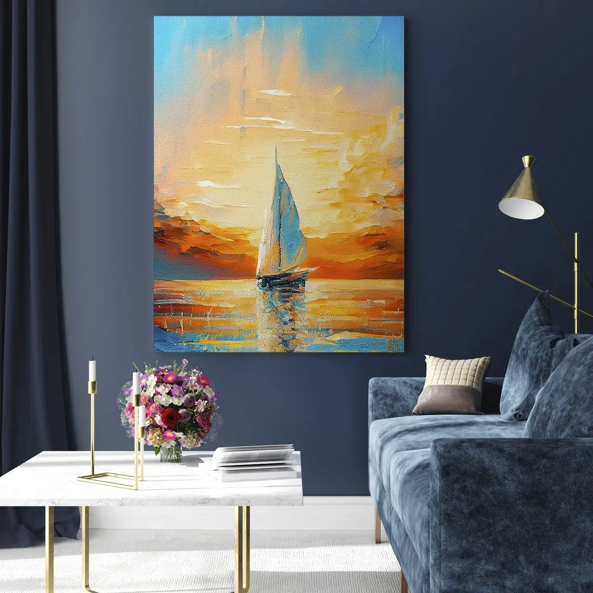 Impression sur verre - Image sur verre - Un voilier en mer à la lumière du soleil couchant - 50x70cm - Expédition en or - Décoration murale moderne pour le salon et la chambre ARTTOR