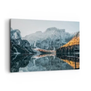 Impression sur toile - Image sur toile - Un paysage de montagne se reflétant dans la surface calme d'un lac - 100x70cm - Reflet de paysage - Décoration murale moderne pour le salon et la chambre ARTTOR