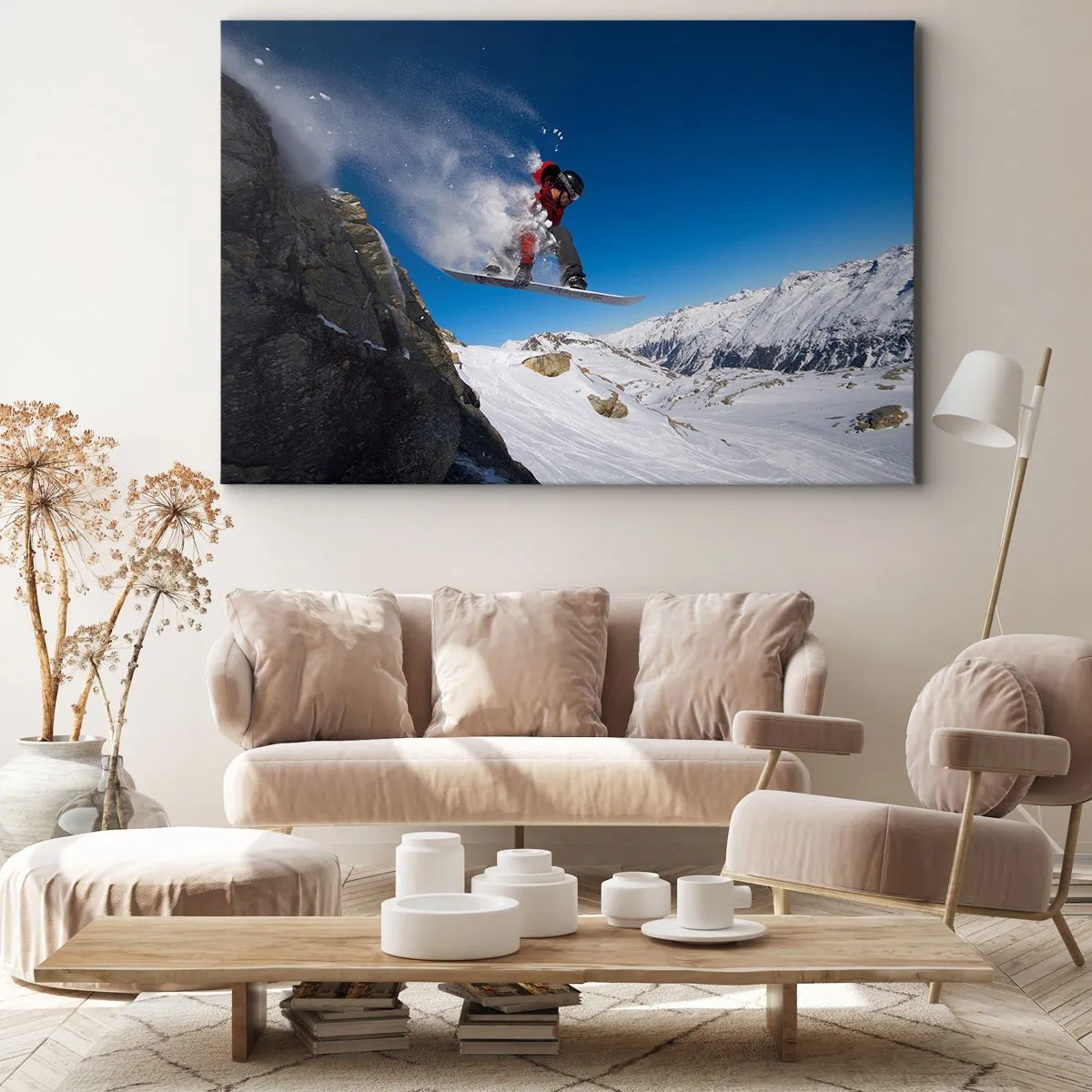 Impression sur toile - Image sur toile - Un snowboarder saute d'un rocher dans un paysage montagneux - 100x70cm - Et tu es devenu une partie de l'espace - Décoration murale moderne pour le salon et la chambre ARTTOR
