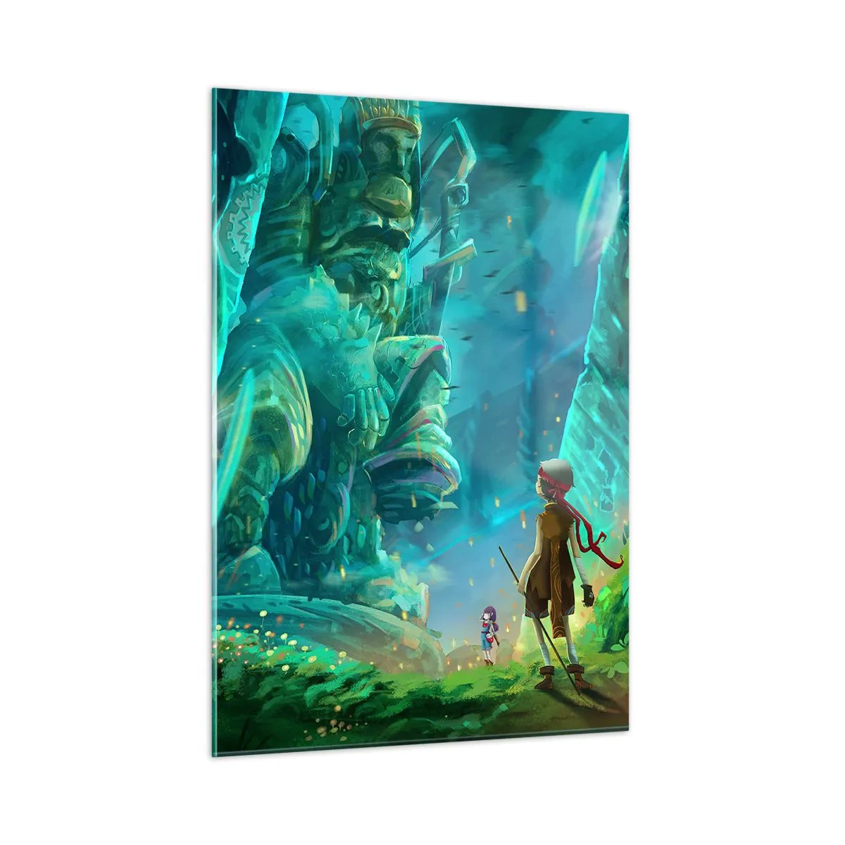 Impression sur verre - Image sur verre - Paysage fantastique avec une figure et une statue antique dans la forêt - 50x70cm - Du grand livre des contes de fées - Décoration murale moderne pour le salon et la chambre ARTTOR