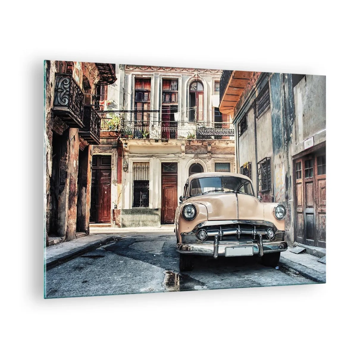 Impression sur verre - Image sur verre - Voiture rétro dans la rue de la vieille ville - 70x50cm - Sieste à La Havane - Décoration murale moderne pour le salon et la chambre ARTTOR