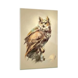 Impression sur verre - Image sur verre - Portrait artistique d'un hibou sur un fond clair dans des tons chauds. - 80x120cm - Le hibou le plus intelligent - confirmera la forêt de chênes - Décoration murale moderne pour le salon et la chambre ARTTOR
