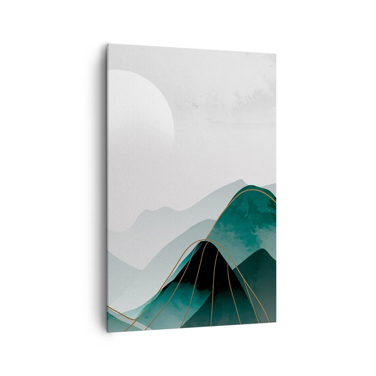 Impression sur toile - Image sur toile - Paysage de montagne abstrait avec la lune et des lignes dorées - 80x120cm - En pleine majesté - Décoration murale moderne pour le salon et la chambre ARTTOR