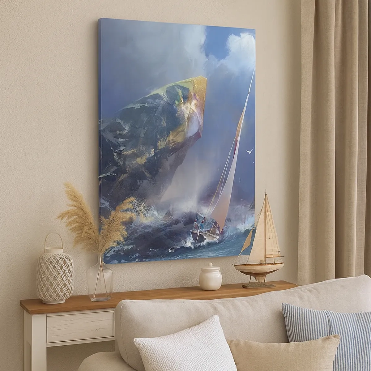 Impression sur toile - Image sur toile - Un voilier dans une tempête au pied d'un rocher massif - 50x70cm - Celui qui est courageux, gagne - Décoration murale moderne pour le salon et la chambre ARTTOR