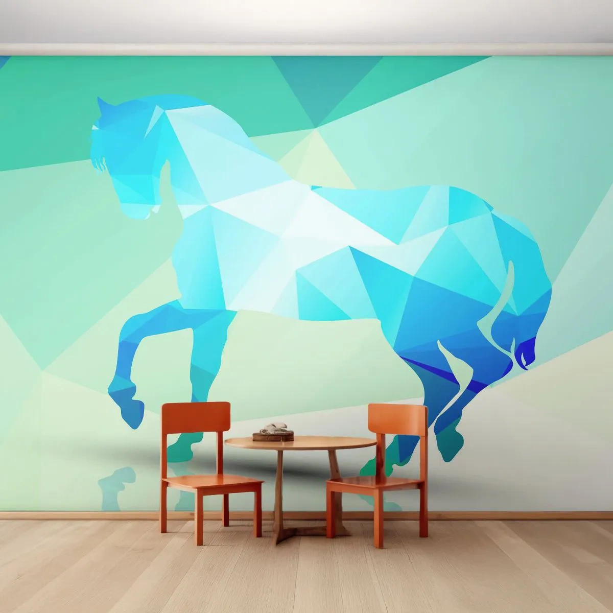 Papier Peint Photo Premium Canvas - Cheval géométrique en turquoise - Animaux, Cheval, Figure géométrique - 250x175 cm
