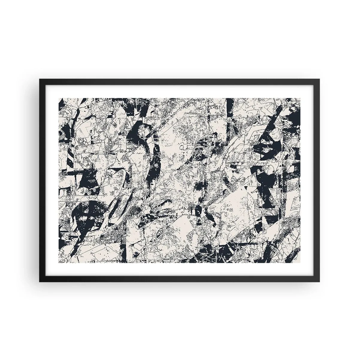 Affiche dans un cadre noir - Poster - Composition abstraite en noir et blanc avec une mise en page dynamique - 70x50cm - Interpénétration des contraires - Décoration murale moderne pour le salon et la chambre ARTTOR