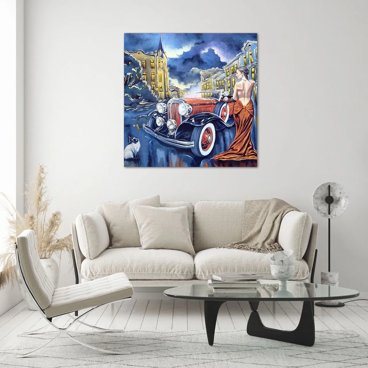 Impression sur verre - Image sur verre - Nocturne en bleu et corail - 50x50 cm