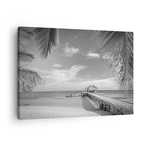 Impression sur toile - Image sur toile - Plage noire et blanche avec jetée et palmiers sur une côte tropicale - 70x50cm - Souvenirs ou rêve? - Décoration murale moderne pour le salon et la chambre ARTTOR