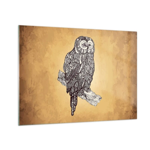 Impression sur verre - Image sur verre - Chouette de style ornemental sur fond sépia - 70x50cm - Ornements complexes de sagesse - Décoration murale moderne pour le salon et la chambre ARTTOR