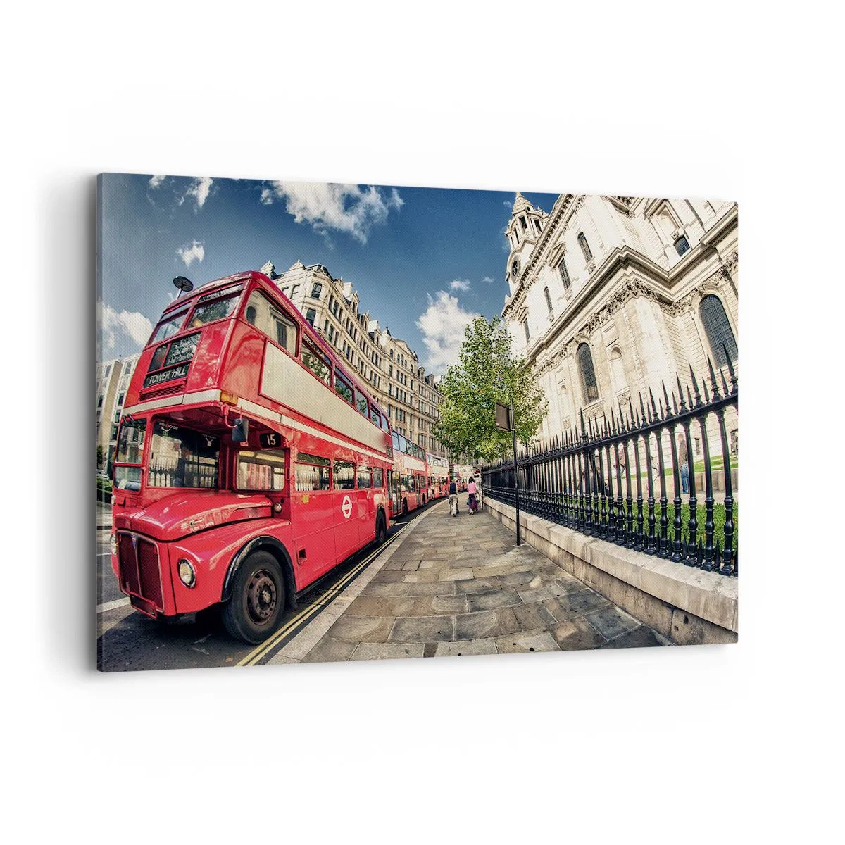 Impression sur toile - Image sur toile - Bus rouge à impériale à Londres près de la rue et de la cathédrale - 120x80cm - Rue de Londres en gris et rouge - Décoration murale moderne pour le salon et la chambre ARTTOR