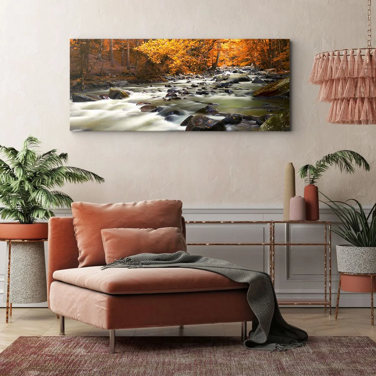 Impression sur toile - Image sur toile - Un ruisseau dans une forêt dorée - 100x40 cm