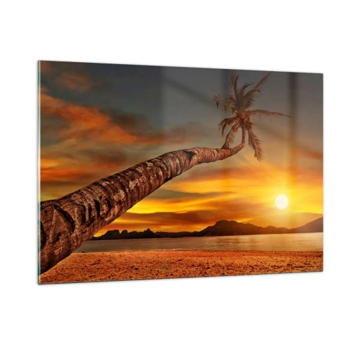 Impression sur verre - Image sur verre - Palmier sur une plage tropicale au coucher du soleil - 120x80cm - Vacances exotiques, aventure caribéenne - Décoration murale moderne pour le salon et la chambre ARTTOR