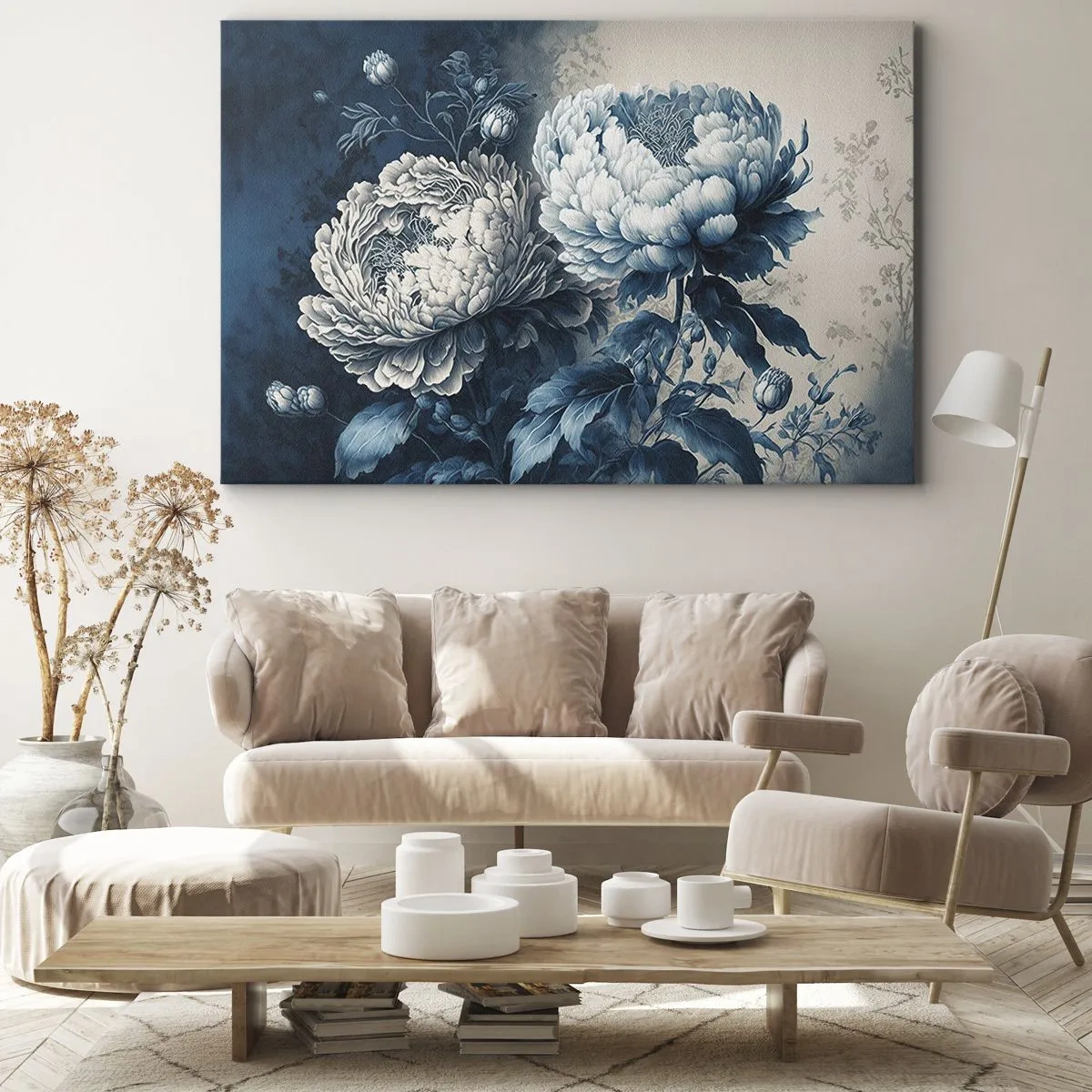 Impression sur toile - Image sur toile - Pivoines bleues sur un fond subtil avec un motif délicat - 100x70cm - Paire assortie - Décoration murale moderne pour le salon et la chambre ARTTOR
