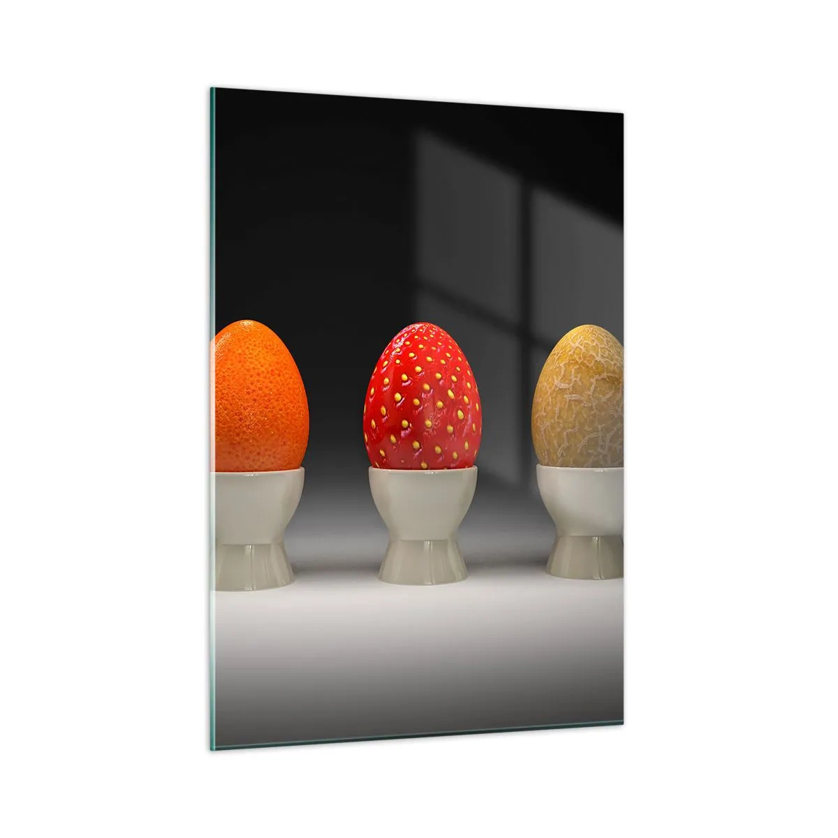 Impression sur verre - Image sur verre - Œufs dans des coquilles de fruits sur un support - 50x70cm - Petit-déjeuner fruité - Décoration murale moderne pour le salon et la chambre ARTTOR