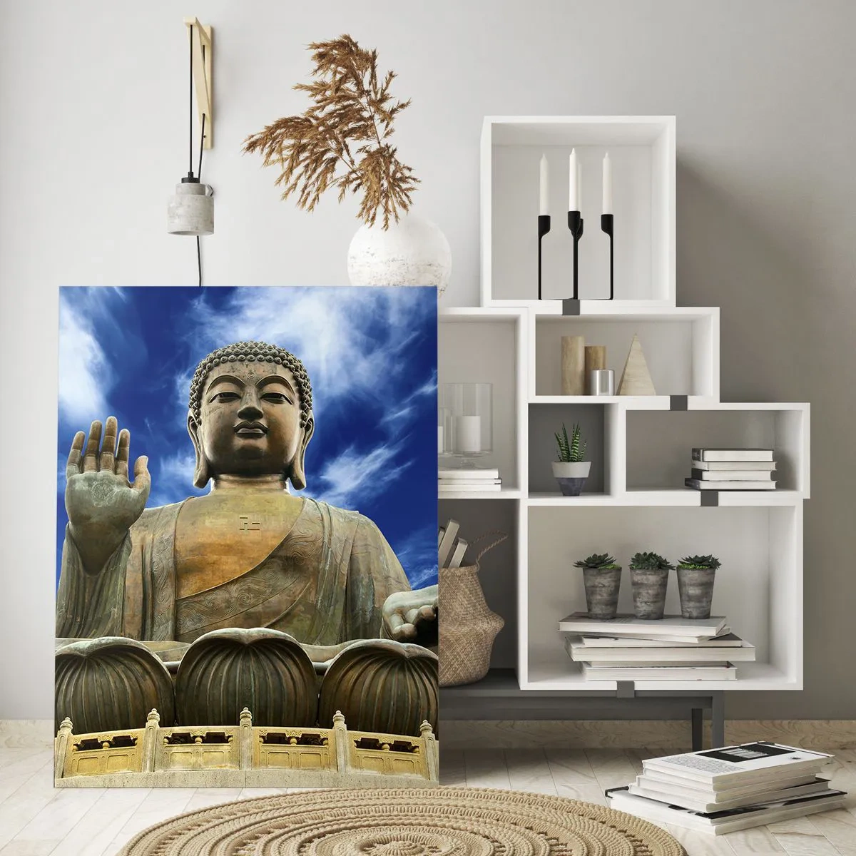 Impression sur verre - Image sur verre - Une grande statue de Bouddha contre un ciel bleu - 50x70cm - Vivre sans peur - Décoration murale moderne pour le salon et la chambre ARTTOR