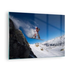 Impression sur verre - Image sur verre - Un snowboarder saute sur fond de montagne - 70x50cm - Et tu es devenu une partie de l'espace - Décoration murale moderne pour le salon et la chambre ARTTOR