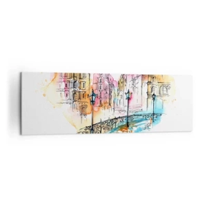 Impression sur toile - Image sur toile - Aquarelle d'un pont et de maisons en forme de cœur - 160x50cm - Le coeur de la ville - Décoration murale moderne pour le salon et la chambre ARTTOR