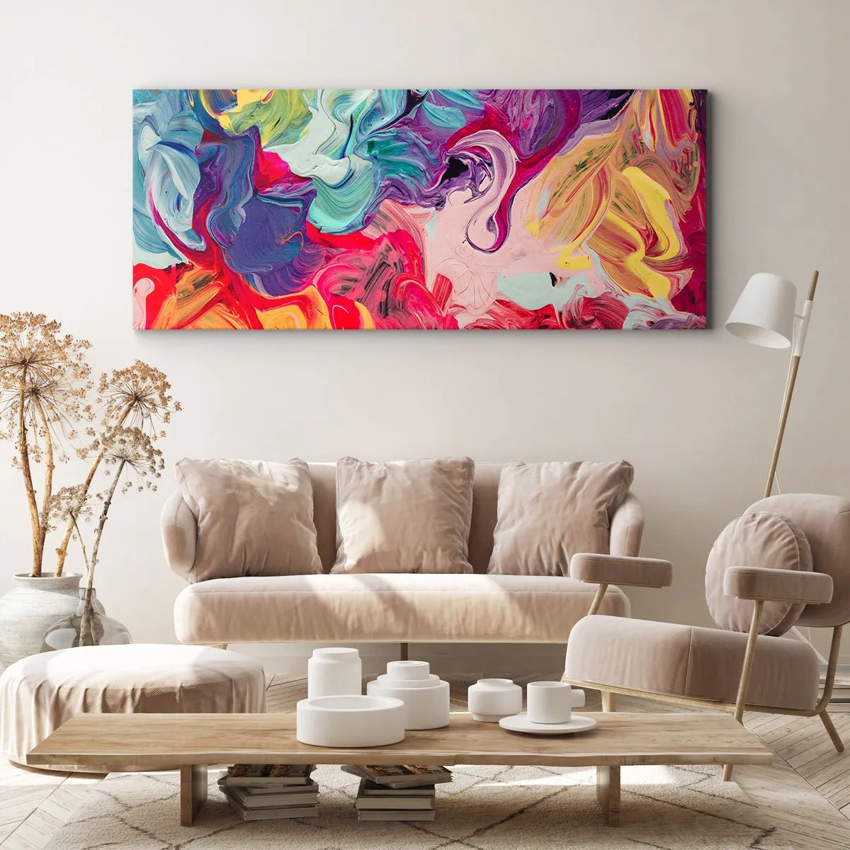 Impression sur toile - Image sur toile - Une composition abstraite aux couleurs vibrantes et tourbillonnantes et à la structure dynamique. - 120x50cm - La naissance des couleurs - Décoration murale moderne pour le salon et la chambre ARTTOR