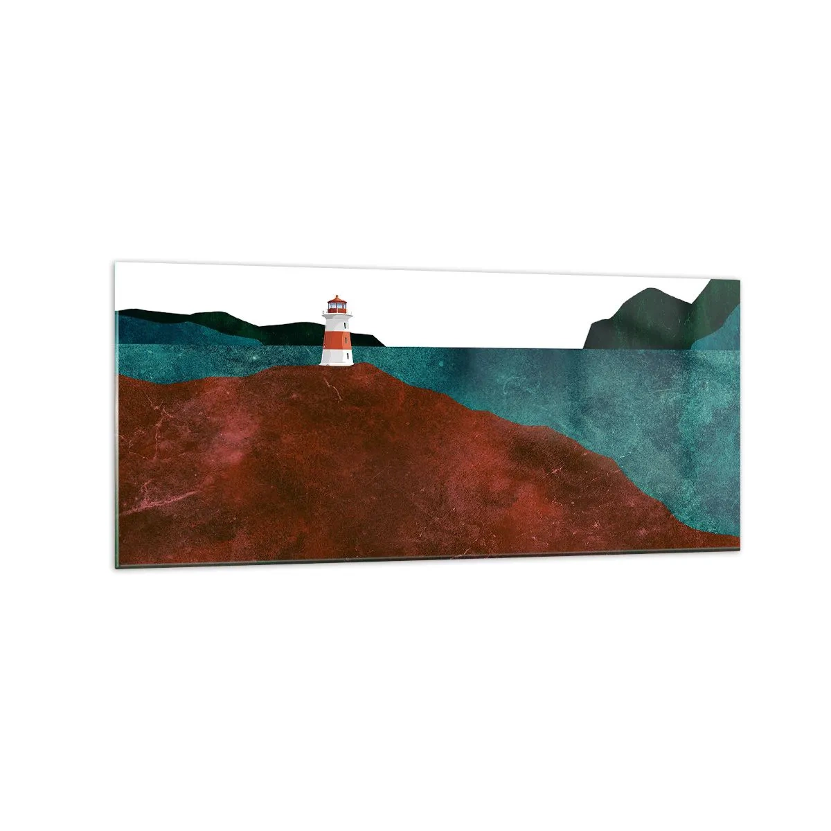 Impression sur verre - Image sur verre - Un phare avec en toile de fond les montagnes et la mer - 120x50cm - En regardant la mer - Décoration murale moderne pour le salon et la chambre ARTTOR
