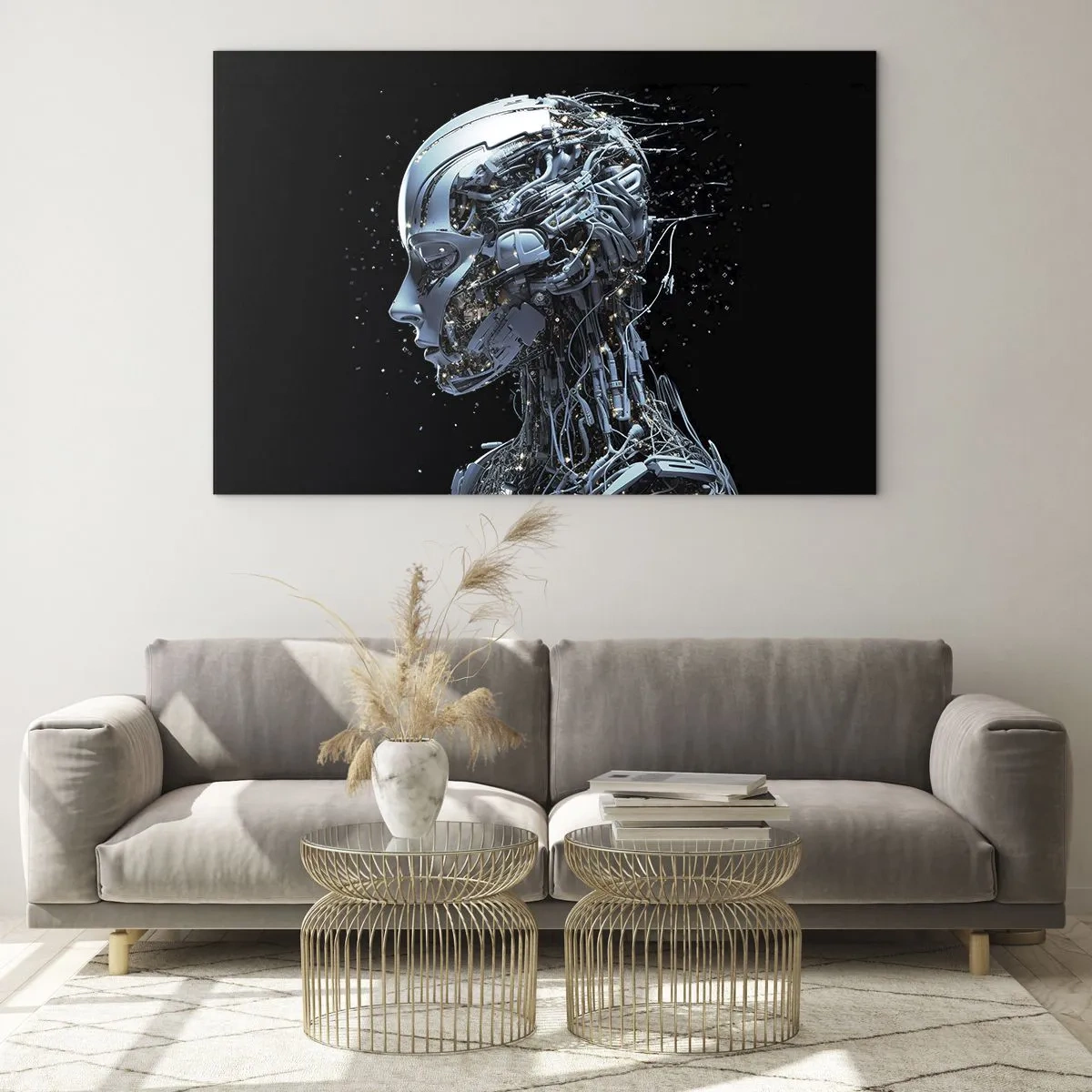 Impression sur verre - Image sur verre - Profil d'un robot féminin avec fils et mécanismes - 70x50cm - La technologie est une femme - Décoration murale moderne pour le salon et la chambre ARTTOR