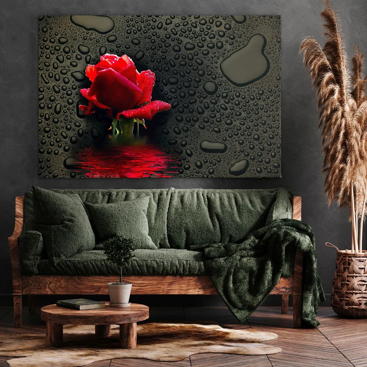 Impression sur toile - Image sur toile - Rose rouge avec des gouttes d'eau sur un fond sombre - 70x50cm - Rouge et noir - Décoration murale moderne pour le salon et la chambre ARTTOR