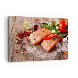 Impression sur toile - Image sur toile - Filets de saumon aux épices sur fond de bois - 120x80cm - Aventure norvégienne dans la cuisine - Décoration murale moderne pour le salon et la chambre ARTTOR