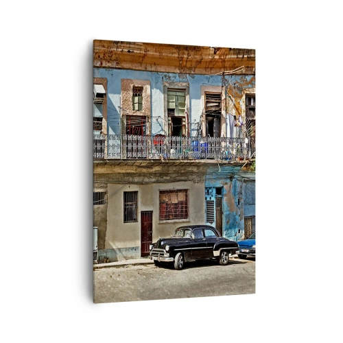 Impression sur toile - Image sur toile - Des immeubles colorés et une voiture classique dans le paysage urbain - 70x100cm - Climat hawaïen - Décoration murale moderne pour le salon et la chambre ARTTOR