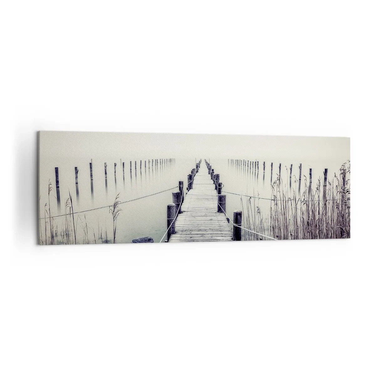 Impression sur toile - Image sur toile - Un pont en bois menant à un espace brumeux - 160x50cm - Plongez dans la paix - Décoration murale moderne pour le salon et la chambre ARTTOR