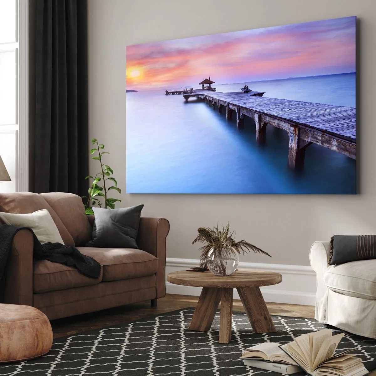 Impression sur toile - Image sur toile - Jetée en bois donnant sur l'eau au coucher du soleil - 120x80cm - Une mer de calme jusqu'à l'horizon - Décoration murale moderne pour le salon et la chambre ARTTOR