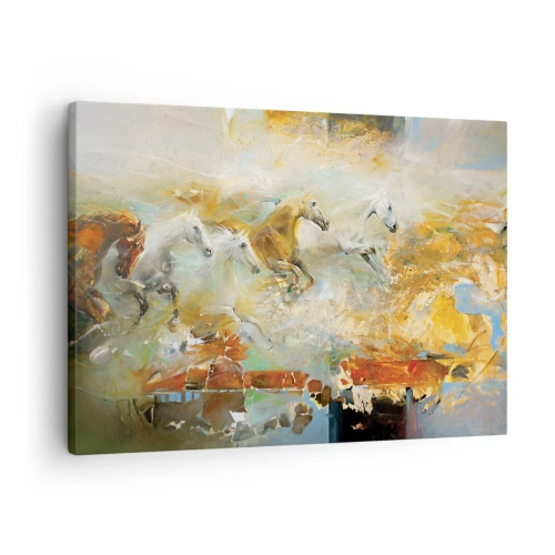 Impression sur toile - Image sur toile - Des chevaux artistiques dans un cadre dynamique et coloré - 70x50cm - Au galop vers la lumière - Décoration murale moderne pour le salon et la chambre ARTTOR