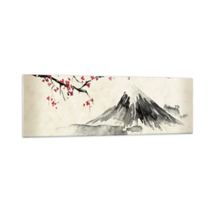 Impression sur verre - Image sur verre - Un paysage pittoresque avec une montagne, des cerisiers en fleurs et du soleil - 160x50cm - Tomber amoureux du Japon - Décoration murale moderne pour le salon et la chambre ARTTOR