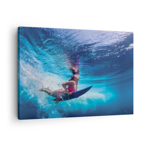 Impression sur toile - Image sur toile - Un surfeur sous l'eau dans une composition dynamique aux tons bleus. - 70x50cm - Joie profonde - Décoration murale moderne pour le salon et la chambre ARTTOR