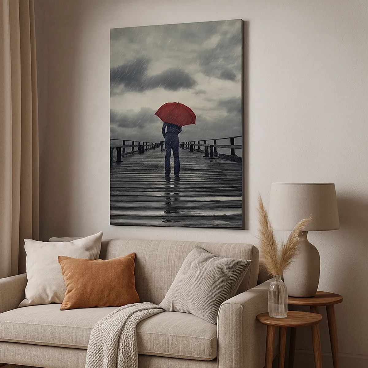 Impression sur toile - Image sur toile - Une personne avec un parapluie rouge sur une jetée pluvieuse - 50x70cm - Peu importe qu'il pleuve - Décoration murale moderne pour le salon et la chambre ARTTOR