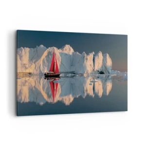 Impression sur toile - Image sur toile - Un voilier avec une voile rouge sur fond de glacier - 120x80cm - Aux limites du monde - Décoration murale moderne pour le salon et la chambre ARTTOR