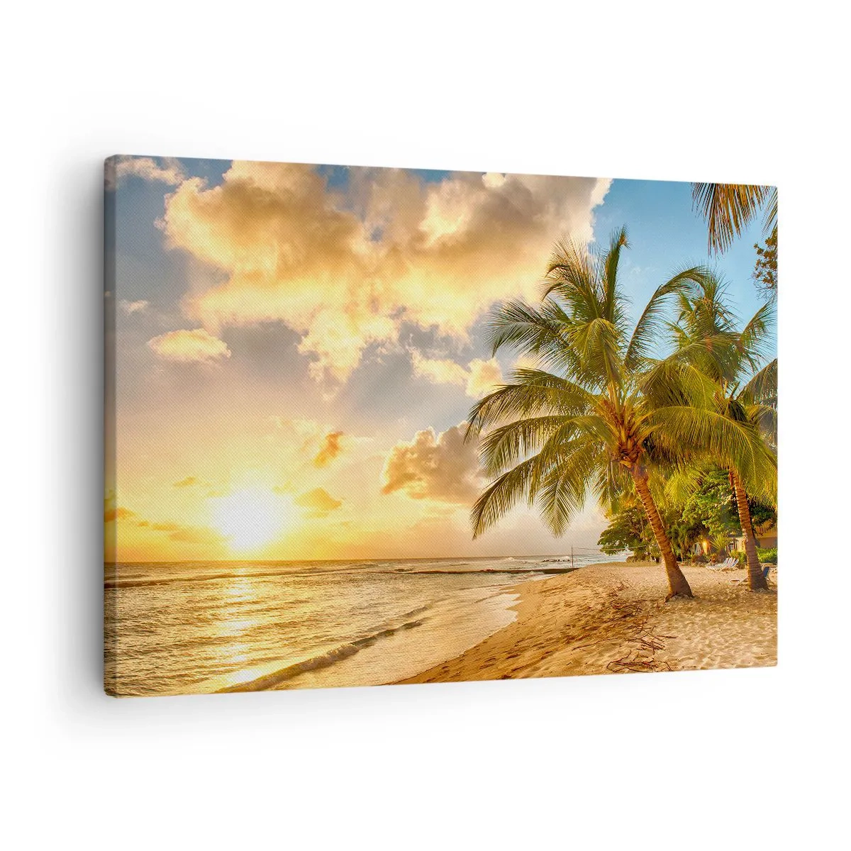 Impression sur toile - Image sur toile - Plage avec palmiers et coucher de soleil sur l'océan - 70x50cm - Été éternel, toujours des vacances - Décoration murale moderne pour le salon et la chambre ARTTOR