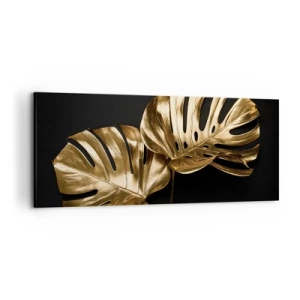 Impression sur toile - Image sur toile - Feuilles de monstera dorées sur fond noir - 120x50cm - Les trésors de la nature - Décoration murale moderne pour le salon et la chambre ARTTOR