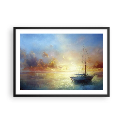 Affiche dans un cadre noir - Poster - Un yacht sur une mer calme au coucher du soleil - 70x50cm - Dans une baie dorée - Décoration murale moderne pour le salon et la chambre ARTTOR