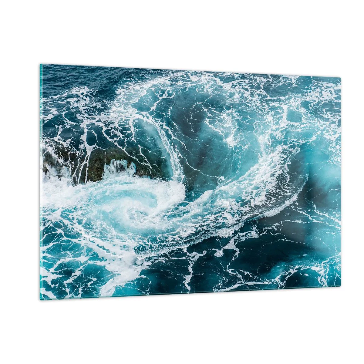 Impression sur verre - Image sur verre - Un tourbillon océanique entouré de vagues blanches dans une eau bleue - 120x80cm - La porte vers le centre de la Terre - Décoration murale moderne pour le salon et la chambre ARTTOR