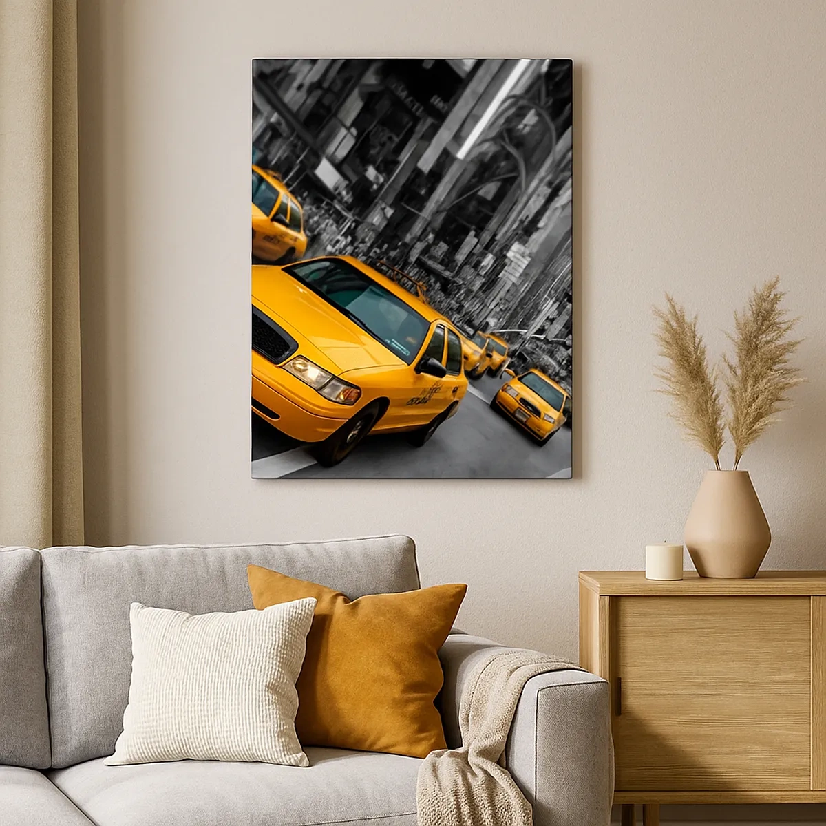 Impression sur toile - Image sur toile - Des taxis jaunes à une intersection très fréquentée de la ville - 50x70cm - Gouttes de soleil New-Yorkaise - Décoration murale moderne pour le salon et la chambre ARTTOR