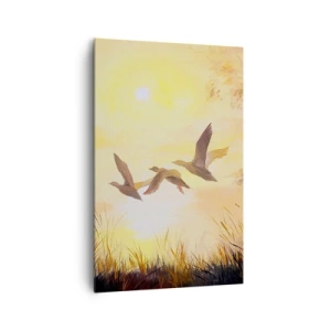 Impression sur toile - Image sur toile - Canards volant au lever du soleil au-dessus du lac - 80x120cm - Le début d'un long voyage - Décoration murale moderne pour le salon et la chambre ARTTOR