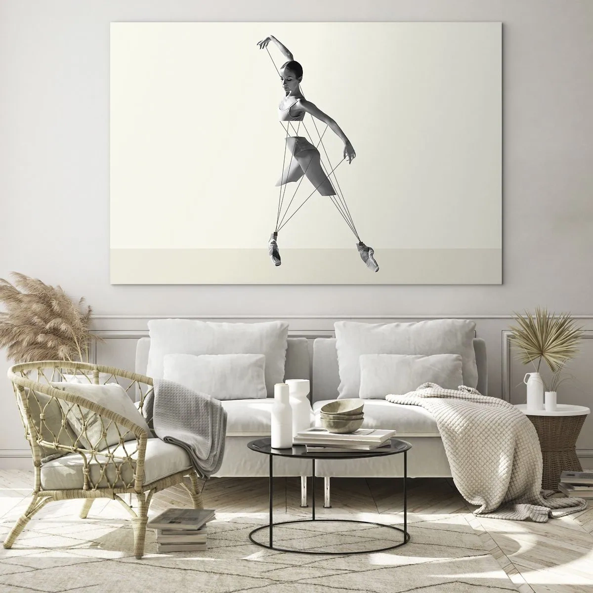 Impression sur verre - Image sur verre - Silhouette noire et blanche d'une ballerine avec un motif de lignes géométriques - 100x70cm - Dans le théatre de la vie - Décoration murale moderne pour le salon et la chambre ARTTOR
