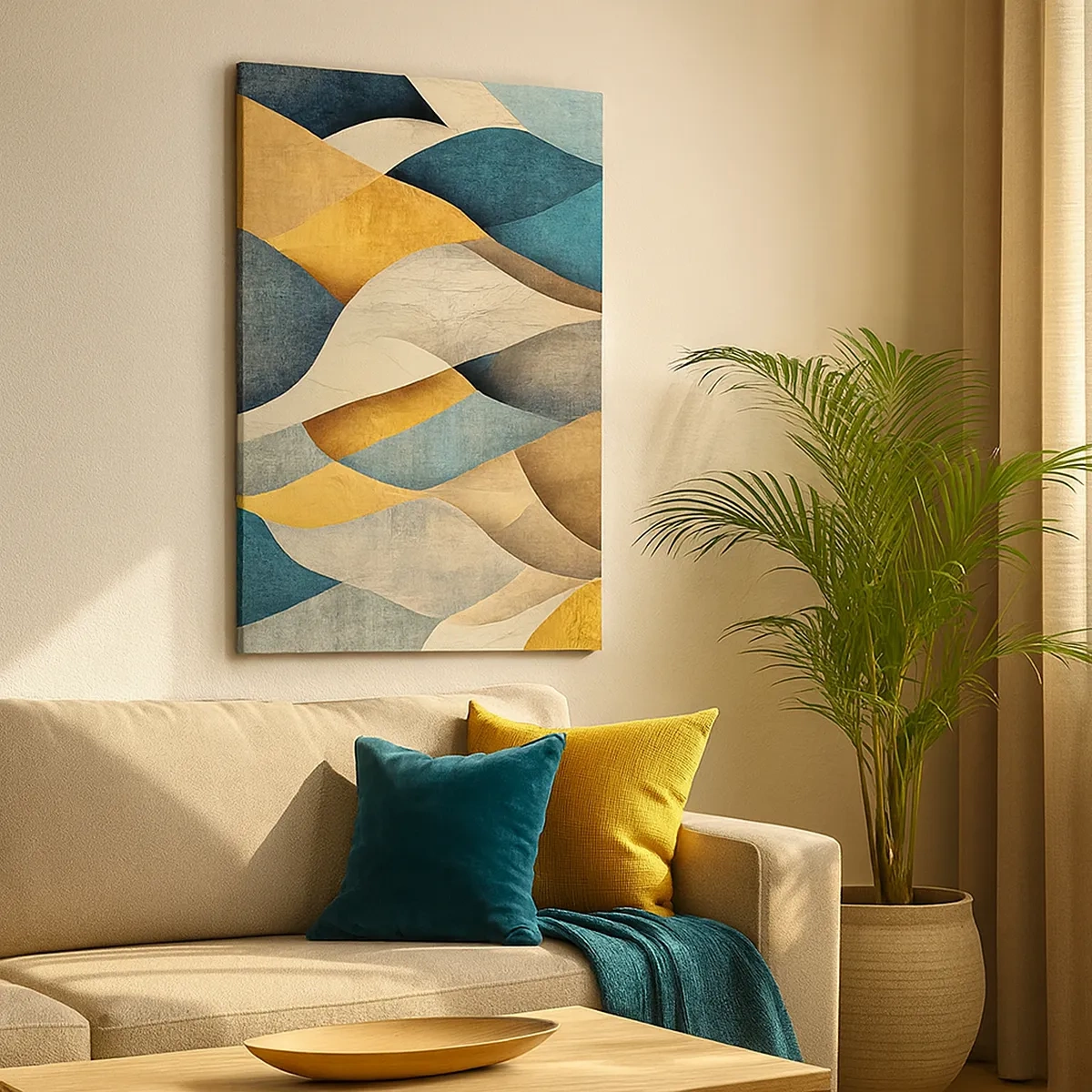 Impression sur toile - Image sur toile - Vagues abstraites dans des tons de bleu et d'or - 50x70cm - Rythme et vague - Décoration murale moderne pour le salon et la chambre ARTTOR